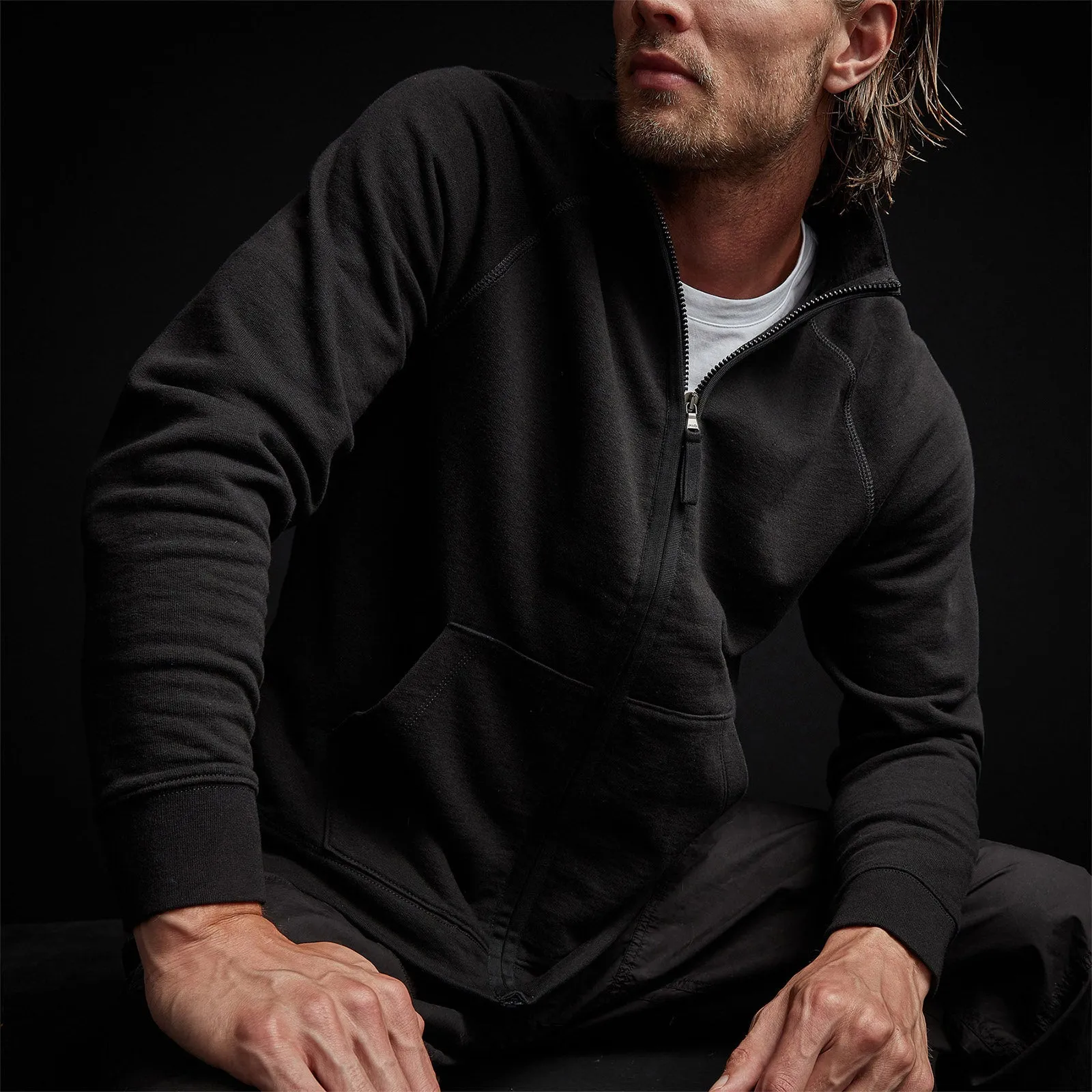 French Terry Zip Up Funnel Neck - Black