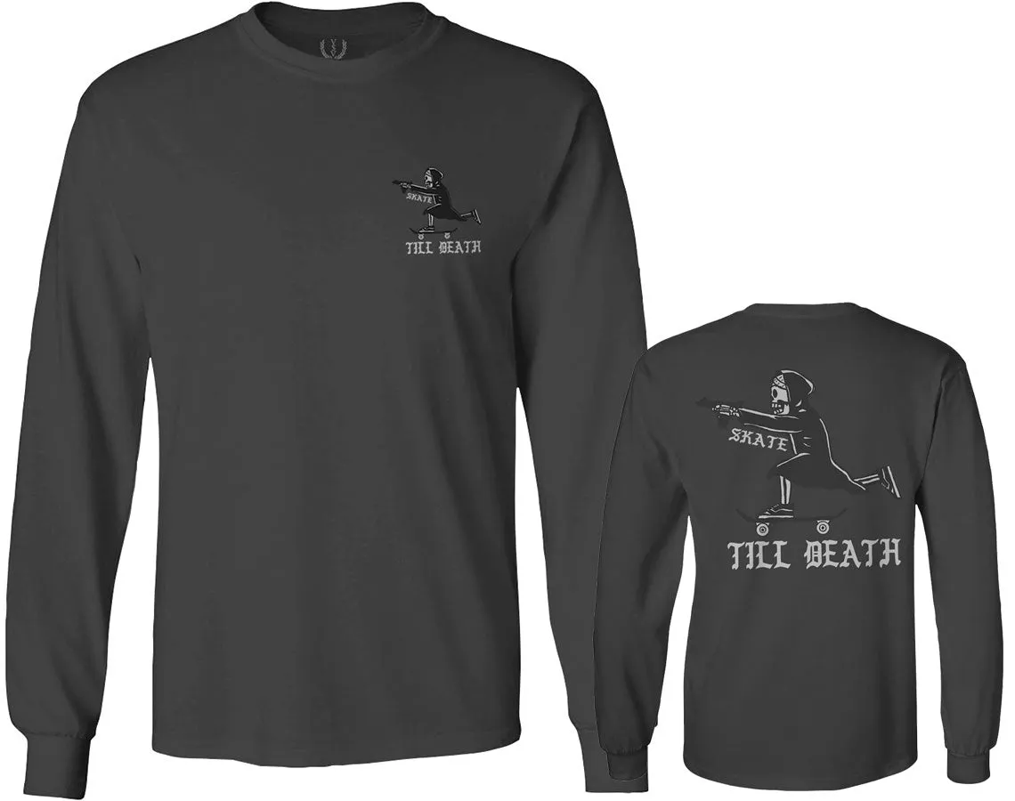 Front and Back Skateboarding OR DIE Skull Skate Gun Till Death Obei Society mens Long sleeve t shirt