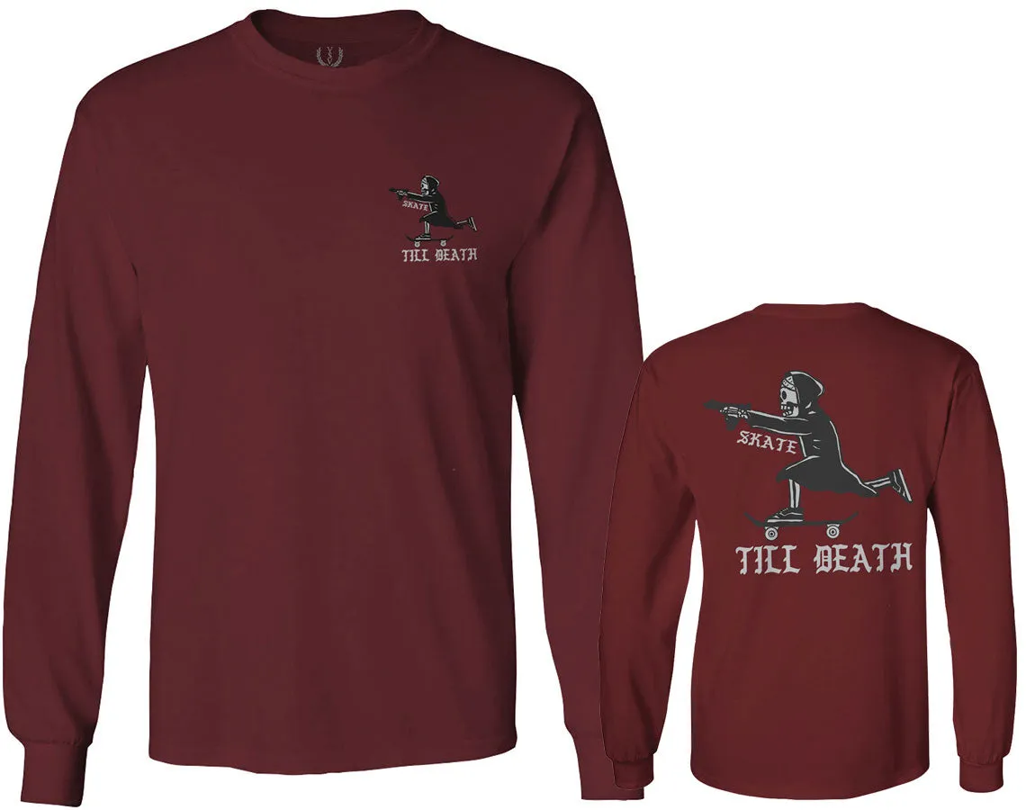 Front and Back Skateboarding OR DIE Skull Skate Gun Till Death Obei Society mens Long sleeve t shirt