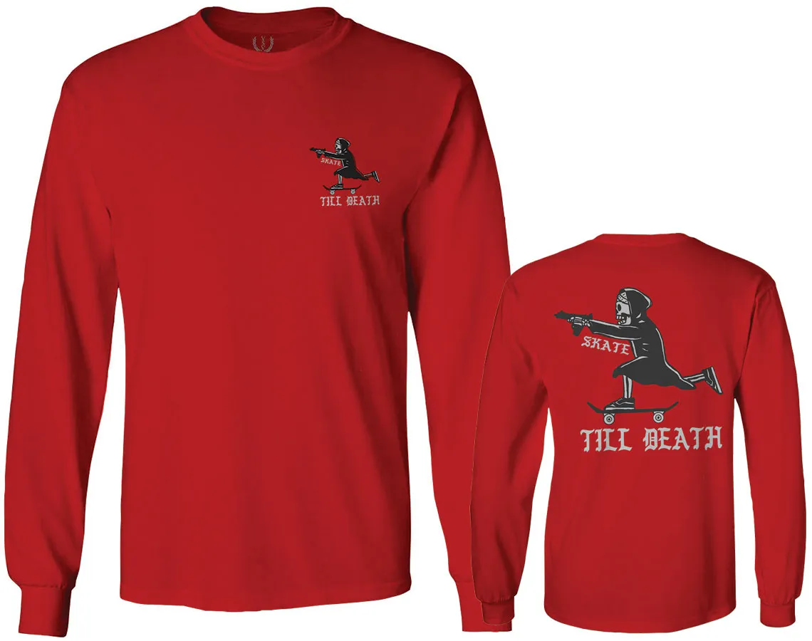 Front and Back Skateboarding OR DIE Skull Skate Gun Till Death Obei Society mens Long sleeve t shirt