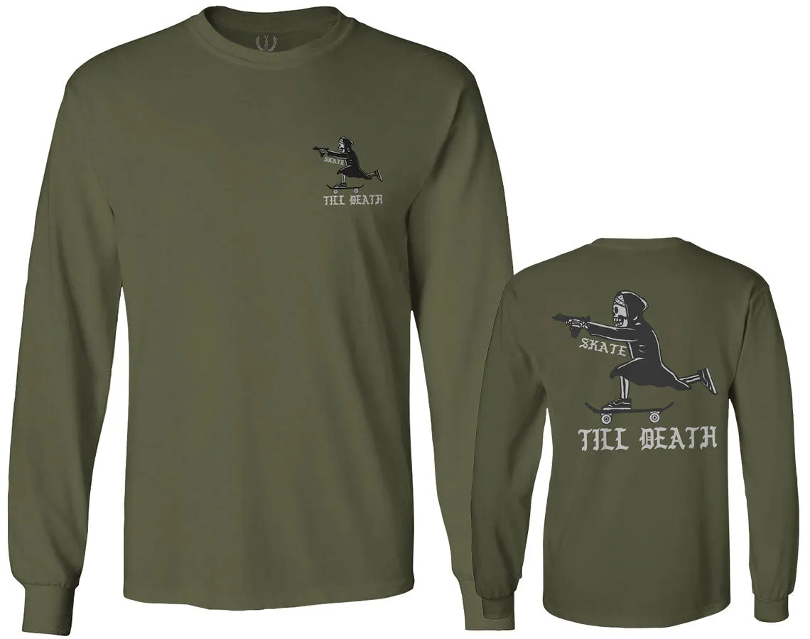 Front and Back Skateboarding OR DIE Skull Skate Gun Till Death Obei Society mens Long sleeve t shirt