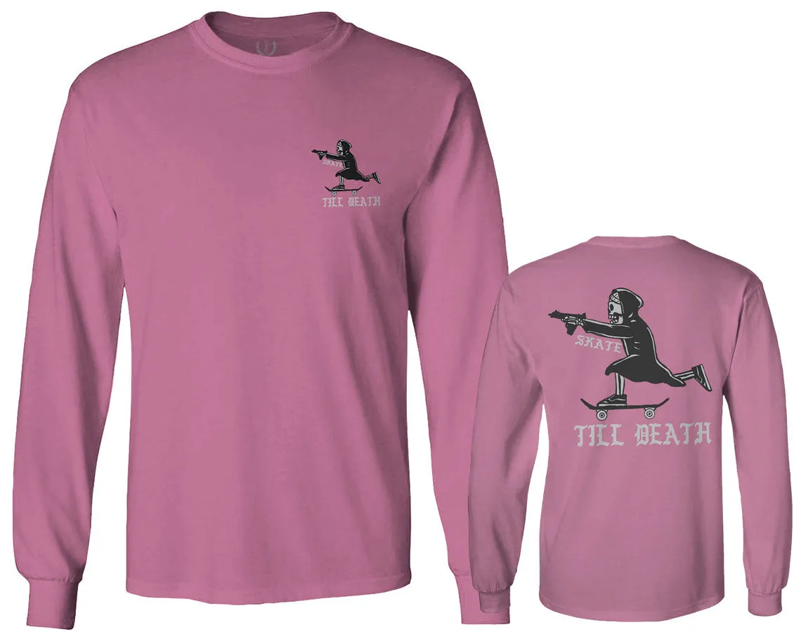 Front and Back Skateboarding OR DIE Skull Skate Gun Till Death Obei Society mens Long sleeve t shirt