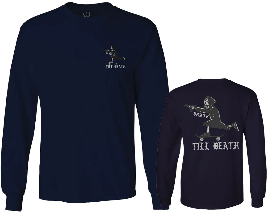 Front and Back Skateboarding OR DIE Skull Skate Gun Till Death Obei Society mens Long sleeve t shirt