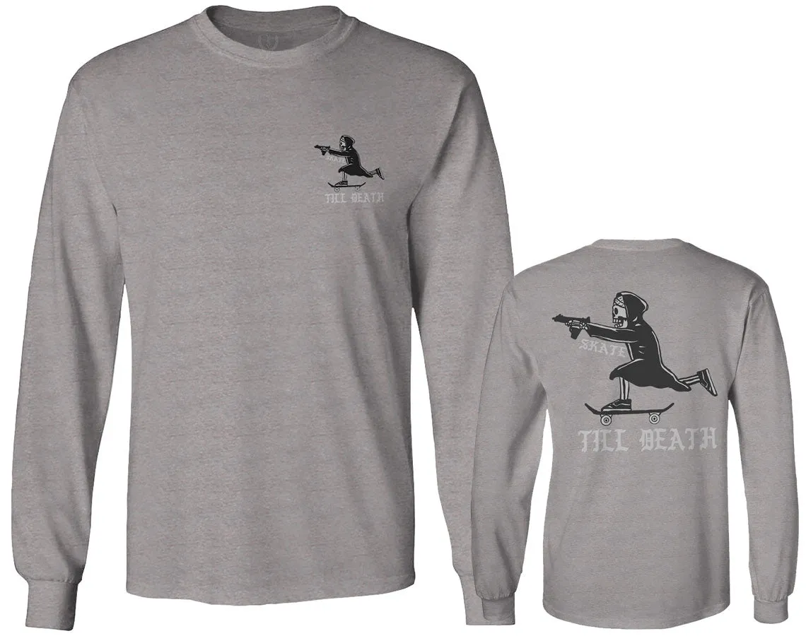Front and Back Skateboarding OR DIE Skull Skate Gun Till Death Obei Society mens Long sleeve t shirt