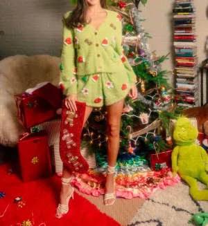 Fuzzy Knit Christmas Icon Shorts In Green