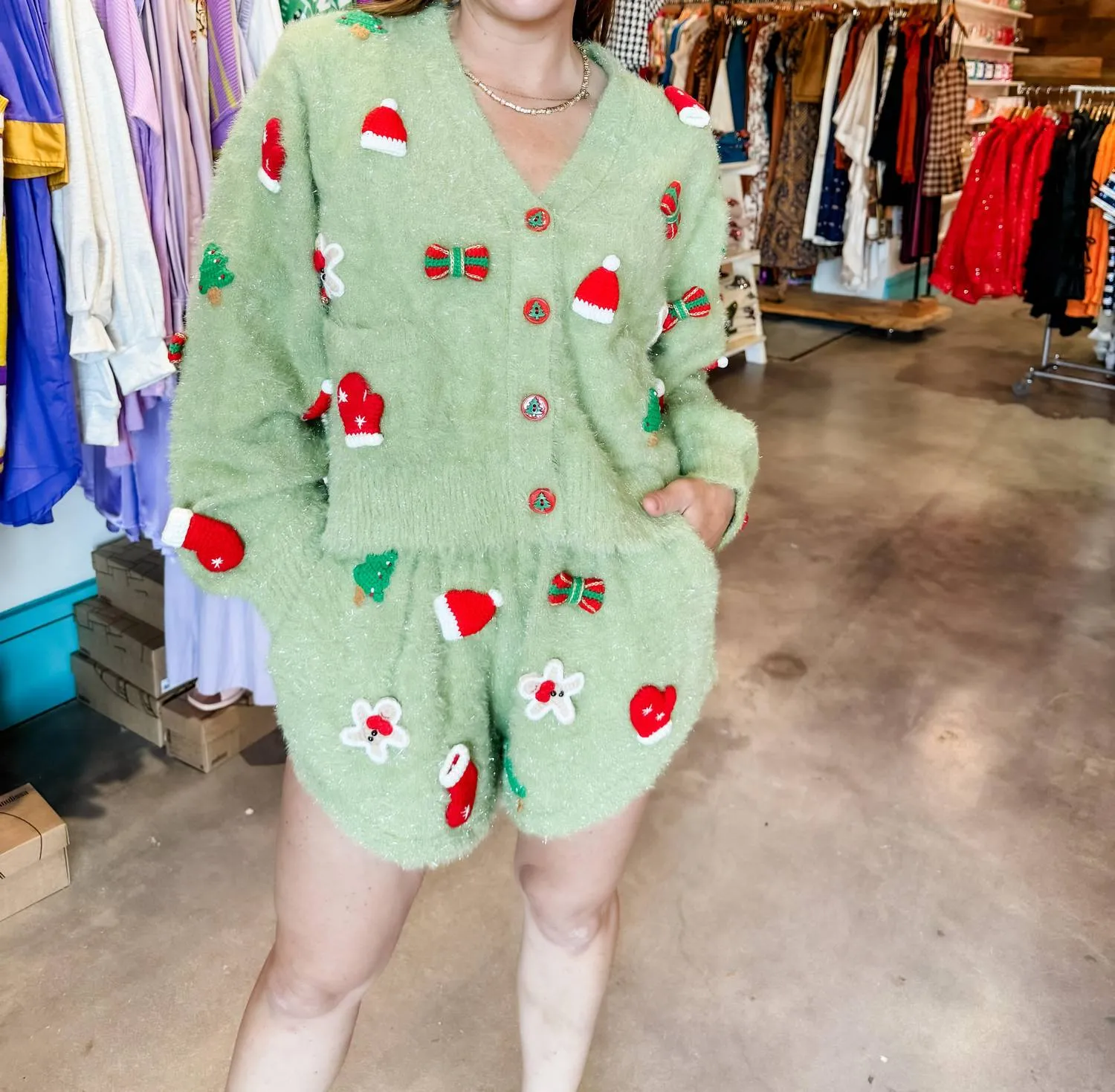 Fuzzy Knit Christmas Icon Shorts In Green