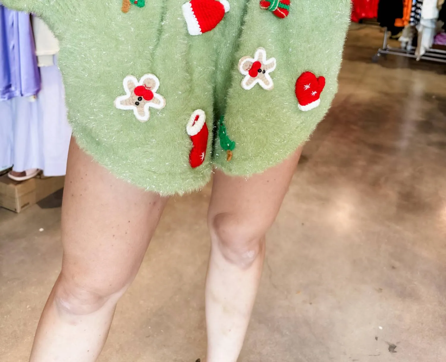 Fuzzy Knit Christmas Icon Shorts In Green