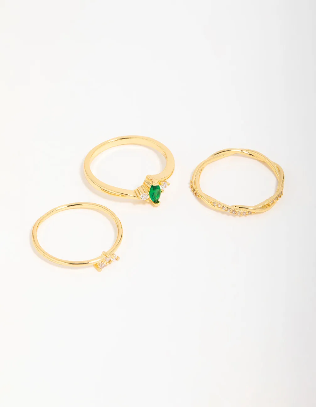 Gold Plated Emerald Diamante Teardrop Rings 3-Pack