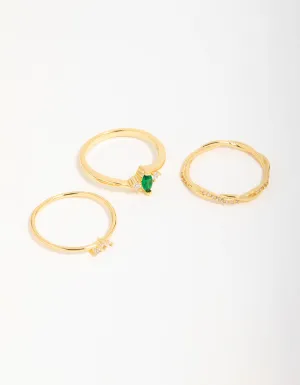 Gold Plated Emerald Diamante Teardrop Rings 3-Pack