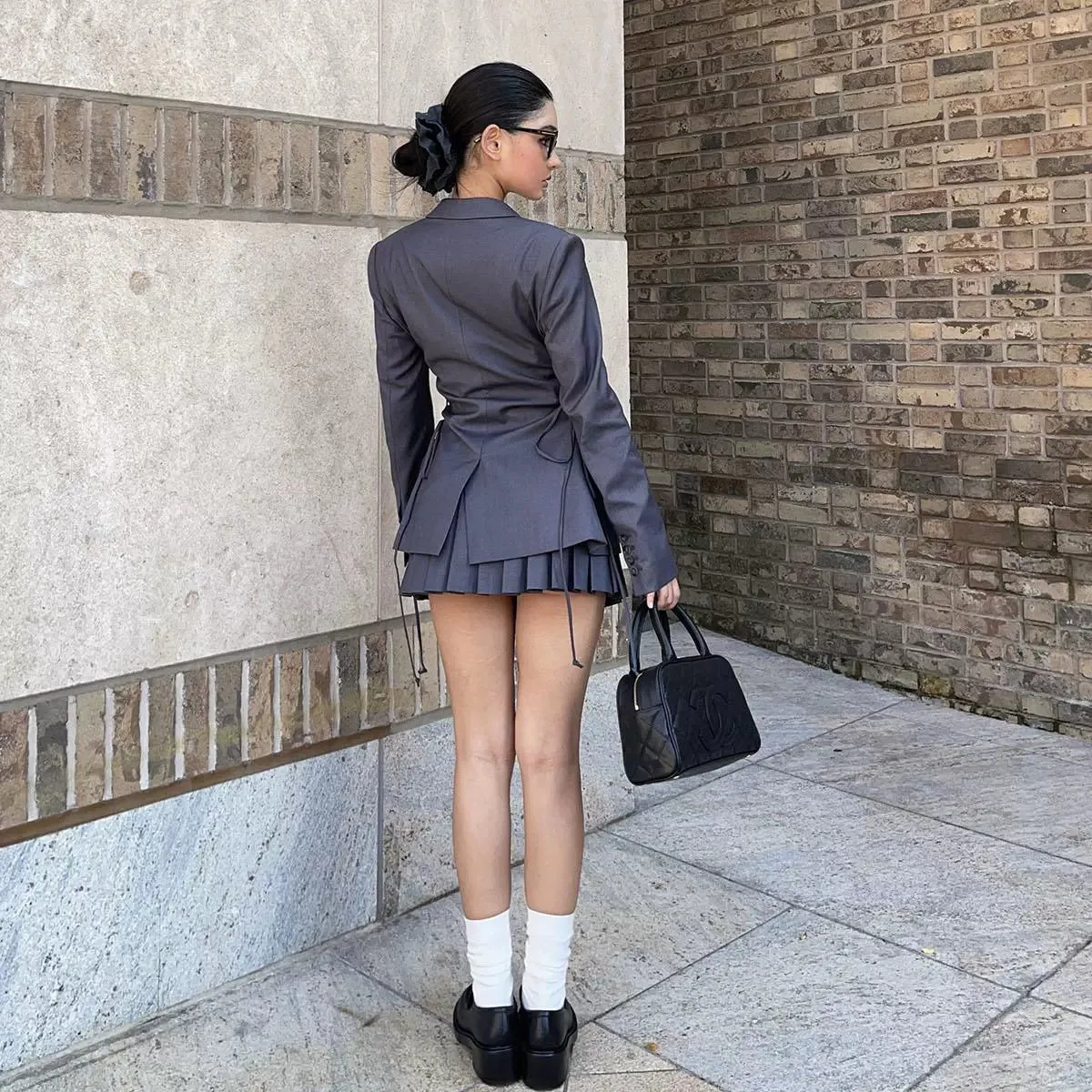Grey Strappy Blazer and Pleated Skirt Set