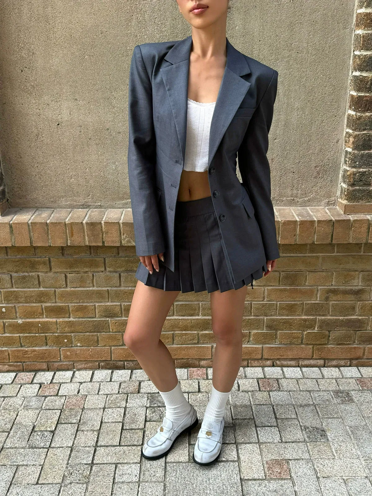 Grey Strappy Blazer and Pleated Skirt Set