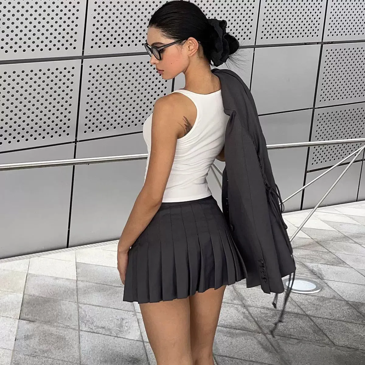 Grey Strappy Blazer and Pleated Skirt Set