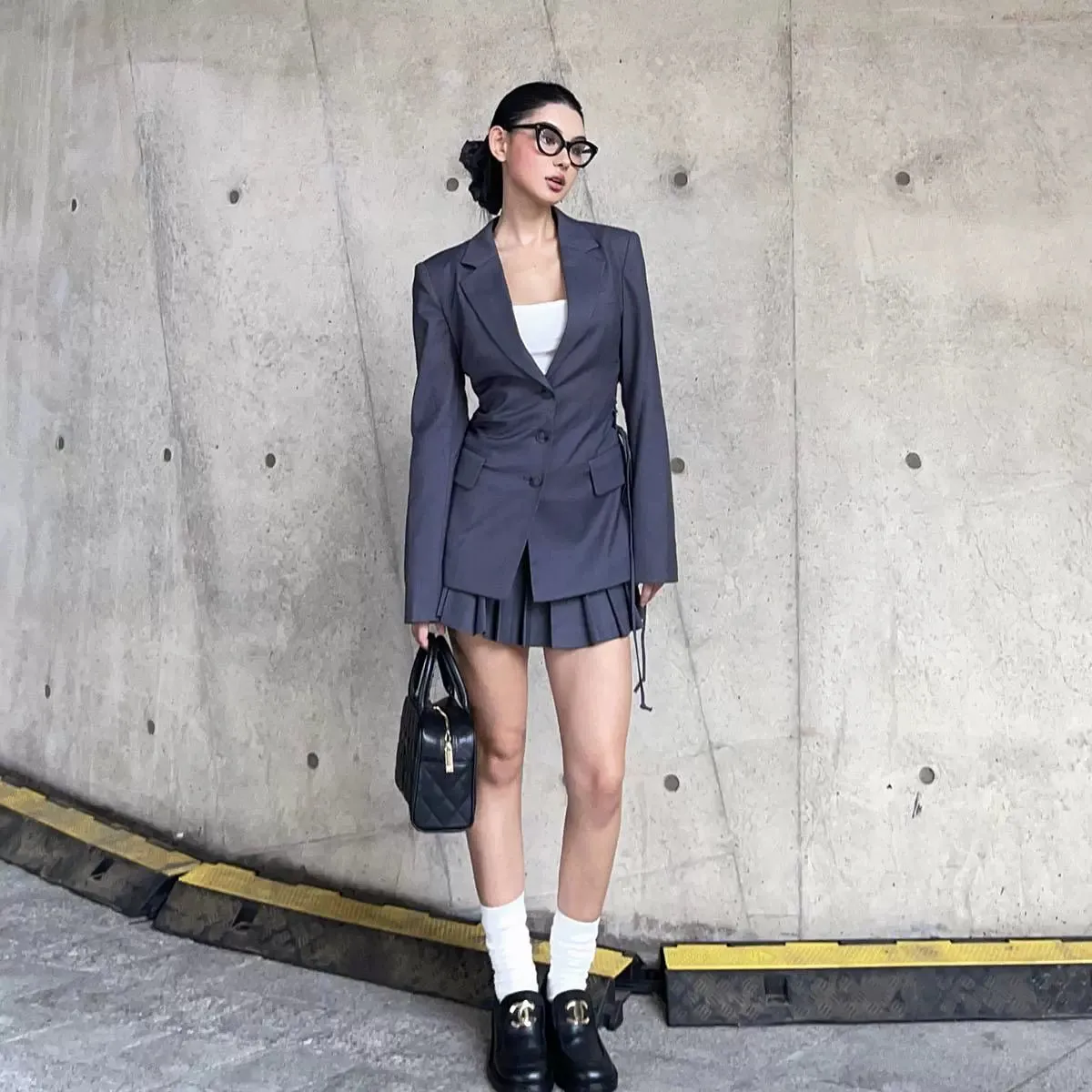Grey Strappy Blazer and Pleated Skirt Set