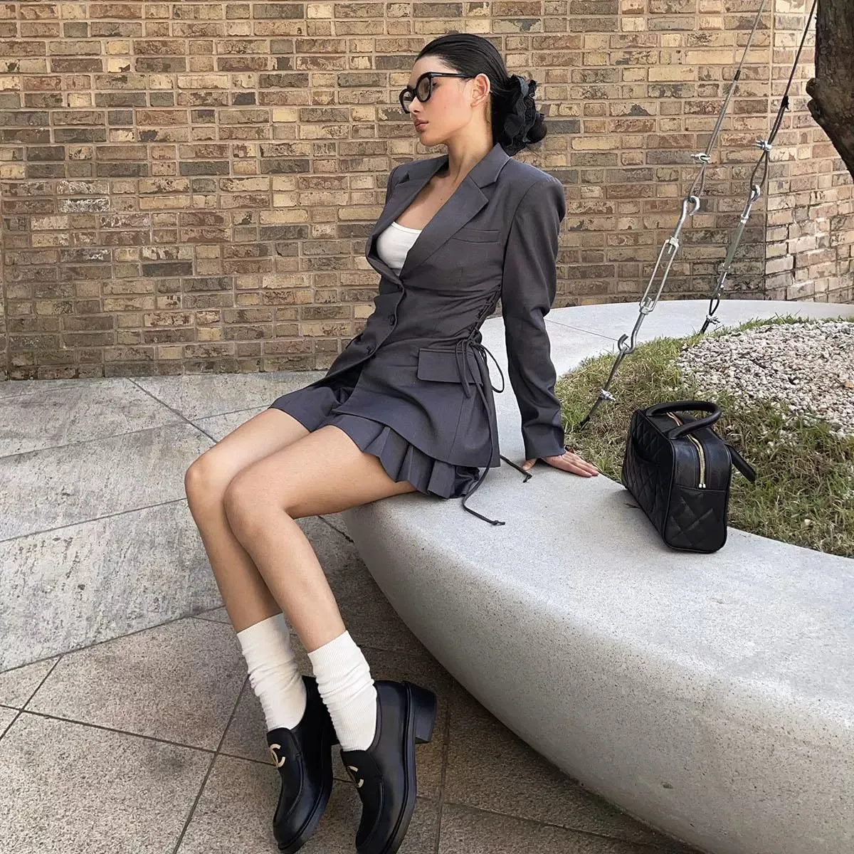 Grey Strappy Blazer and Pleated Skirt Set