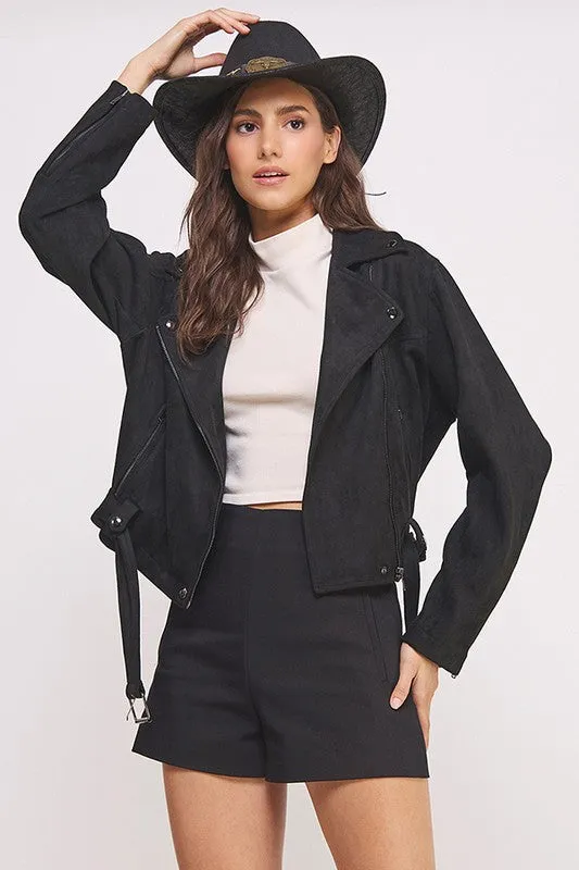 Jelena Curvy Plus Suede Moto Jacket - Belted, Zippered, Pockets