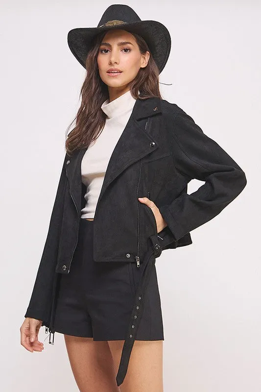 Jelena Curvy Plus Suede Moto Jacket - Belted, Zippered, Pockets