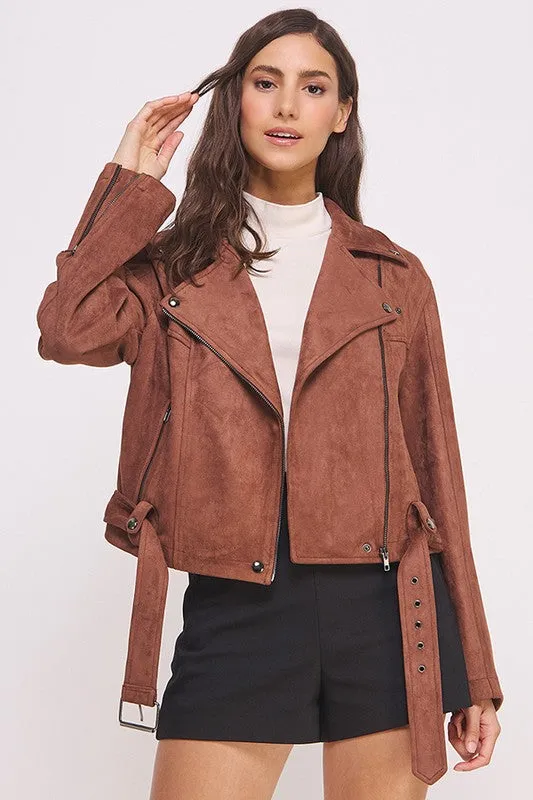 Jelena Curvy Plus Suede Moto Jacket - Belted, Zippered, Pockets
