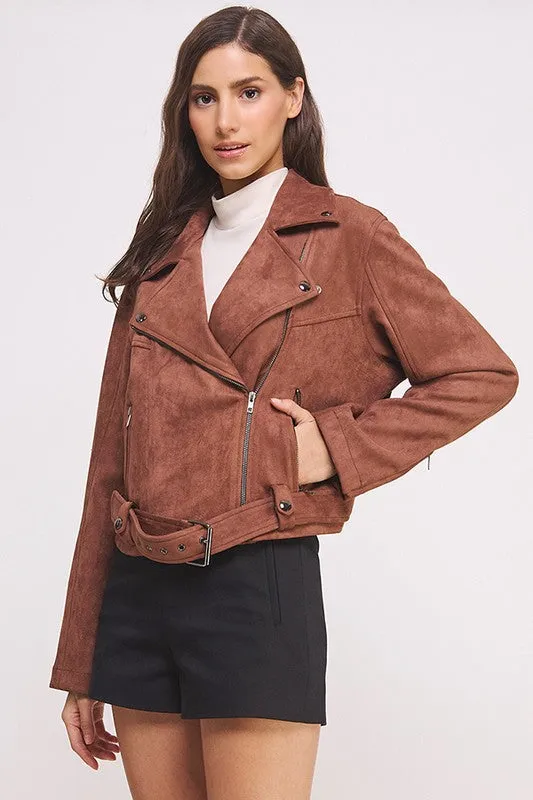 Jelena Curvy Plus Suede Moto Jacket - Belted, Zippered, Pockets