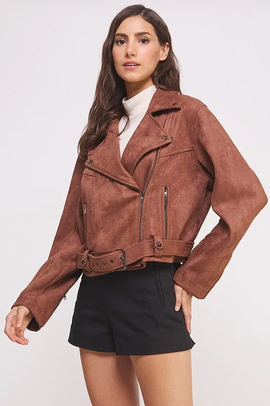 Jelena Curvy Plus Suede Moto Jacket - Belted, Zippered, Pockets