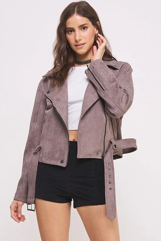 Jelena Curvy Plus Suede Moto Jacket - Belted, Zippered, Pockets
