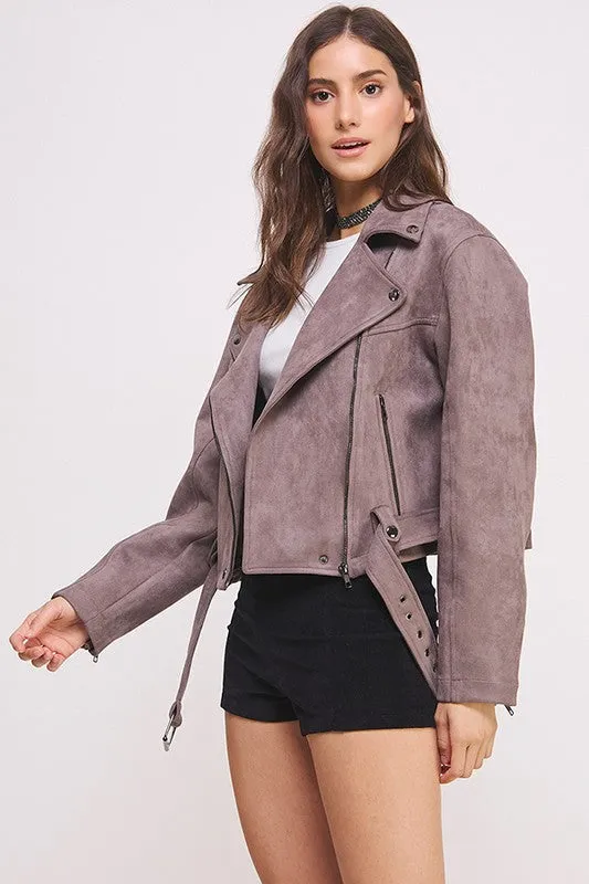 Jelena Curvy Plus Suede Moto Jacket - Belted, Zippered, Pockets