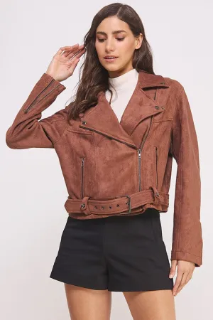 Jelena Suede Moto Jacket - Belted, Zippered, Long Sleeve, Pockets