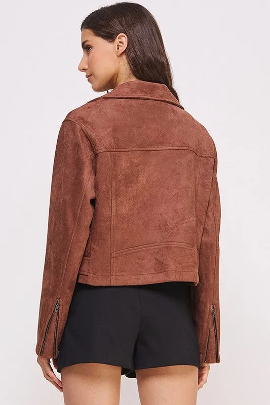 Jelena Suede Moto Jacket - Belted, Zippered, Long Sleeve, Pockets