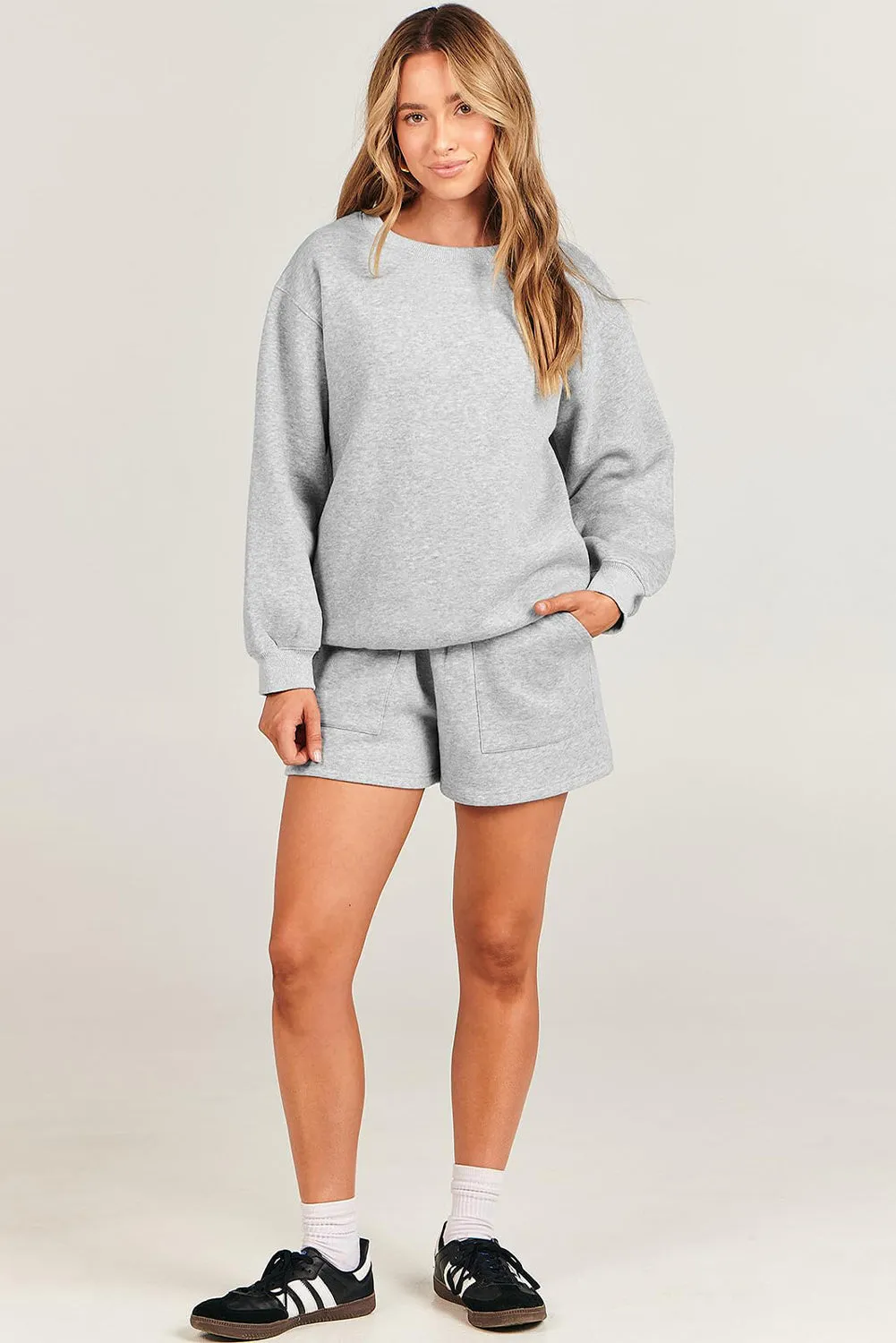 Light Grey Solid Pullover Sweatshirt and Shorts 2 Piece Set