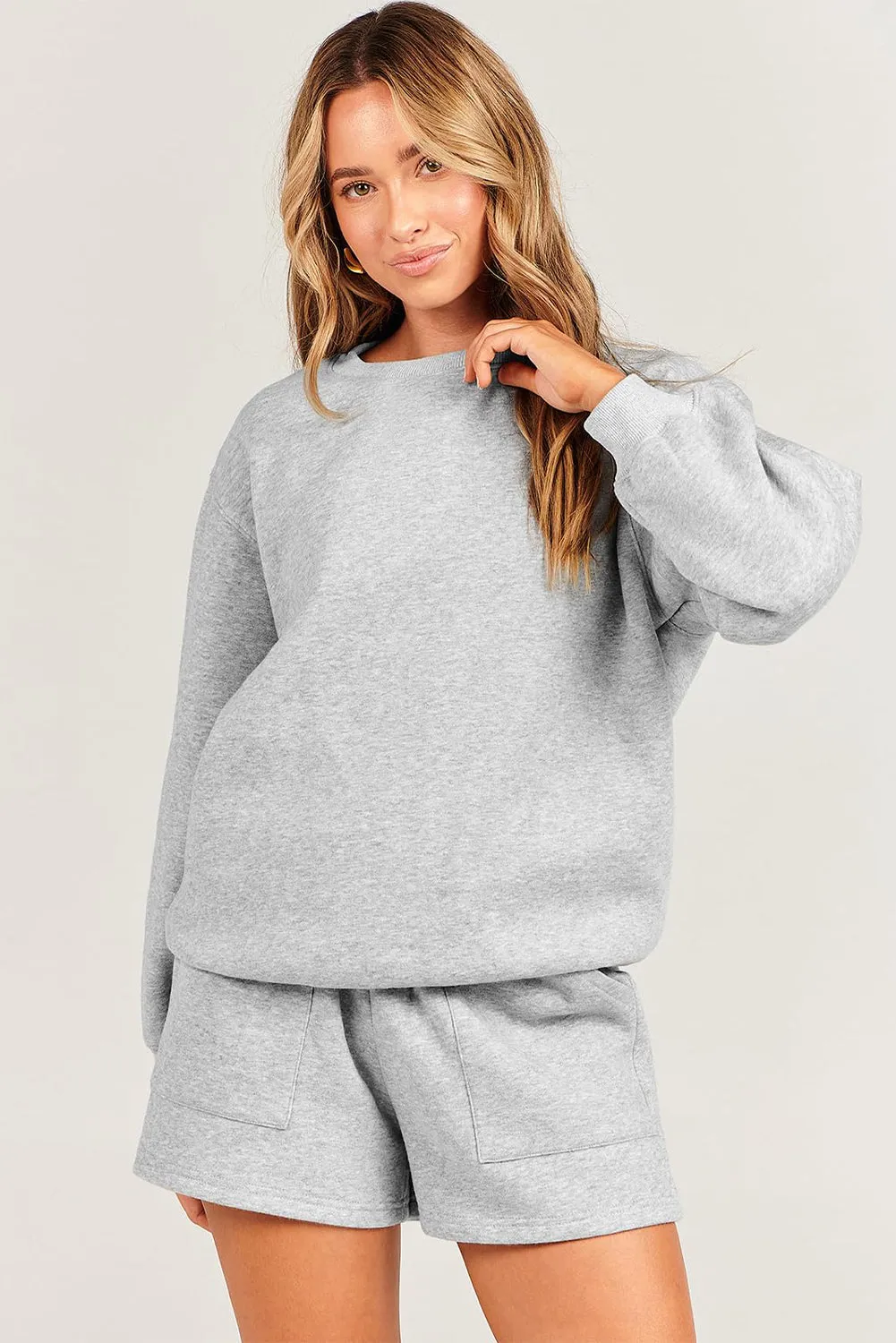 Light Grey Solid Pullover Sweatshirt and Shorts 2 Piece Set