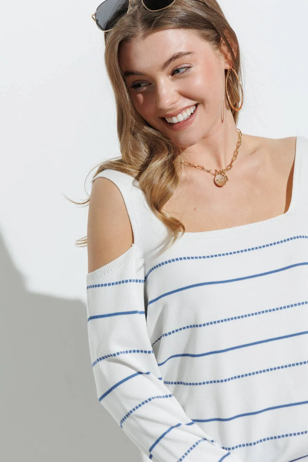 Light Knit Striped Open Shoulder Pullover: Blue
