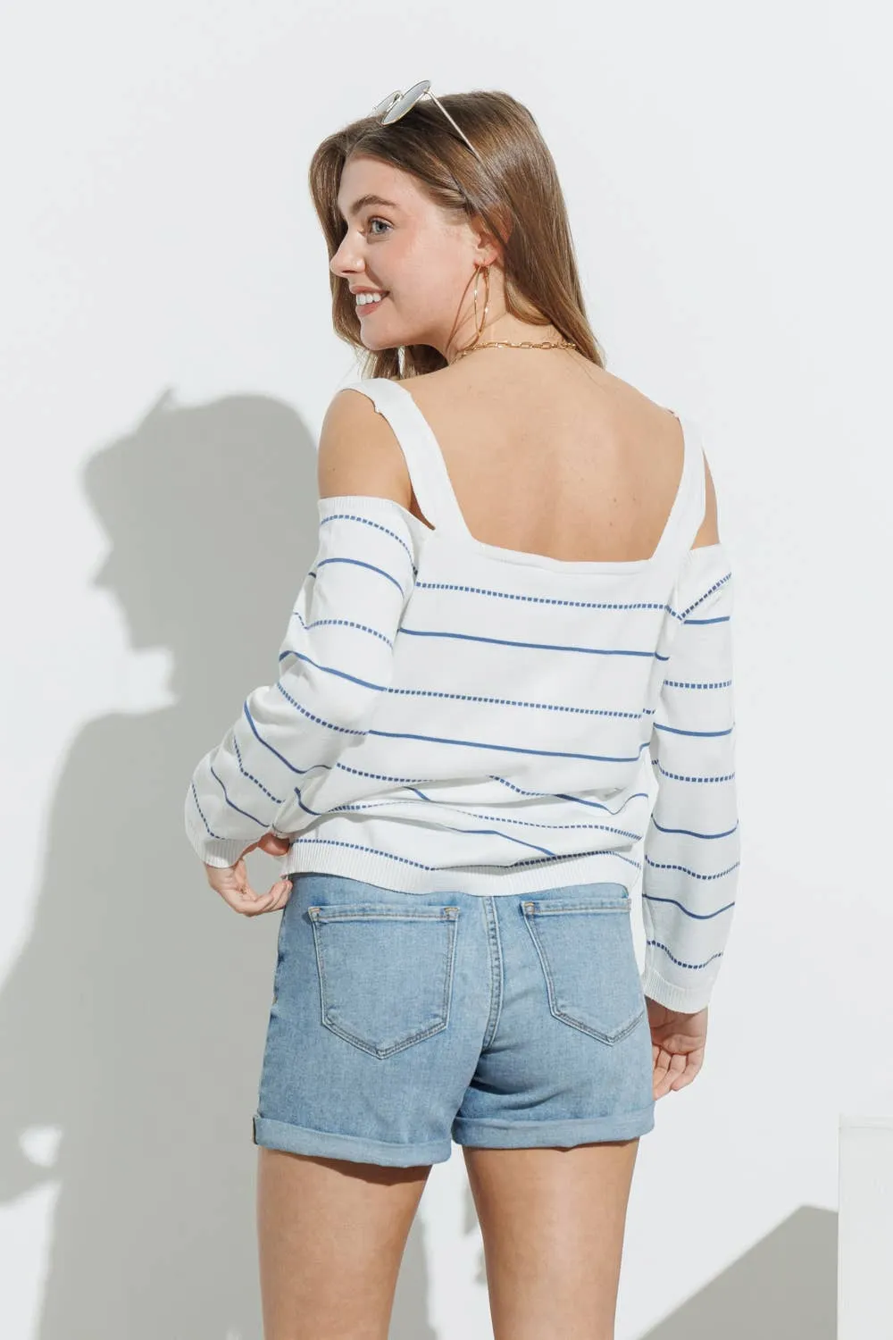 Light Knit Striped Open Shoulder Pullover: Blue