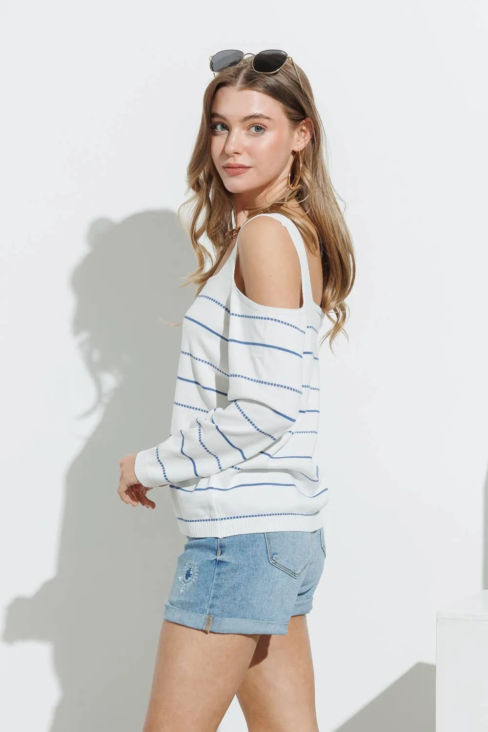 Light Knit Striped Open Shoulder Pullover: Blue