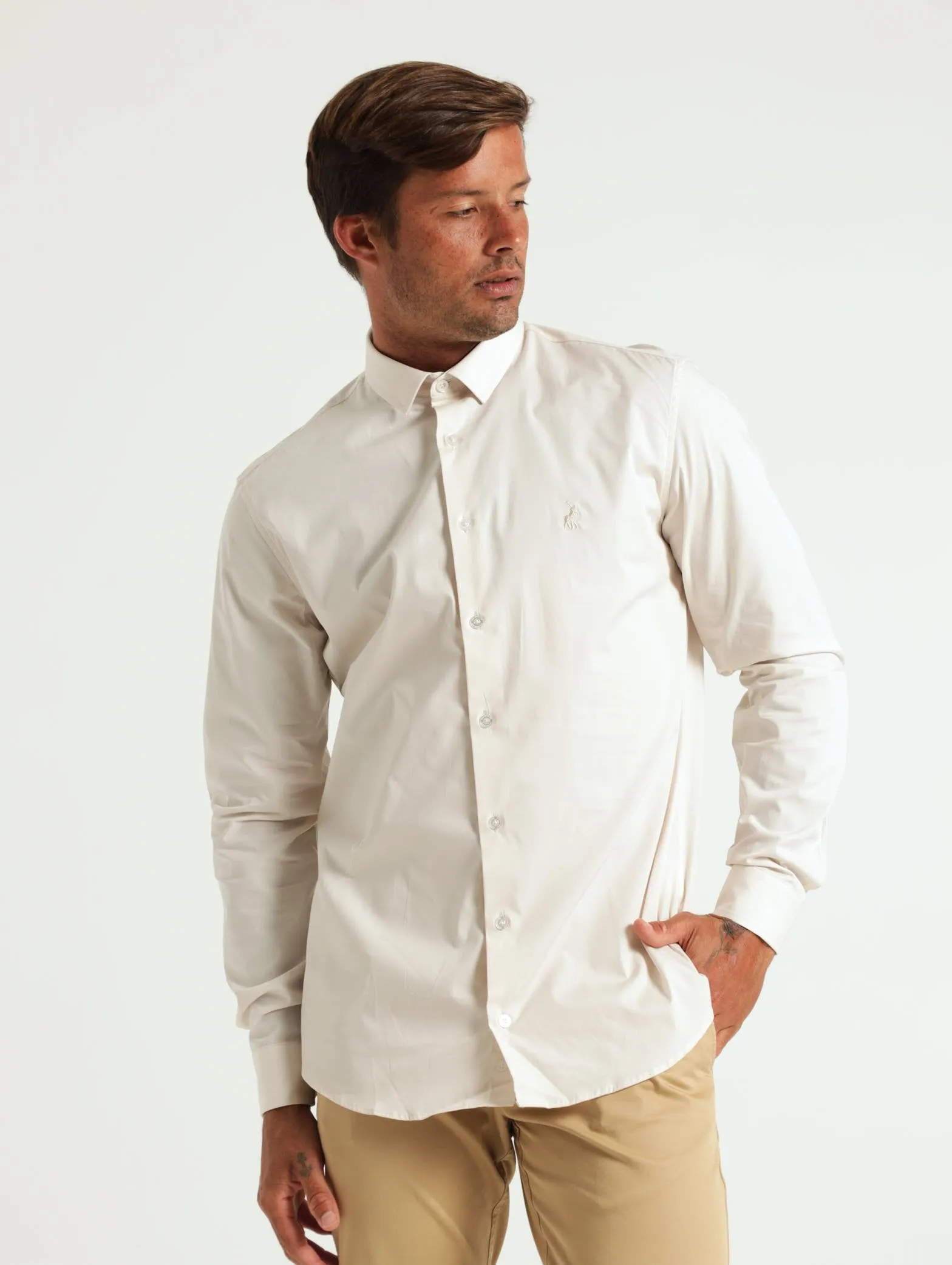 Long Sleeve Slim Stretch Shirt - Stone