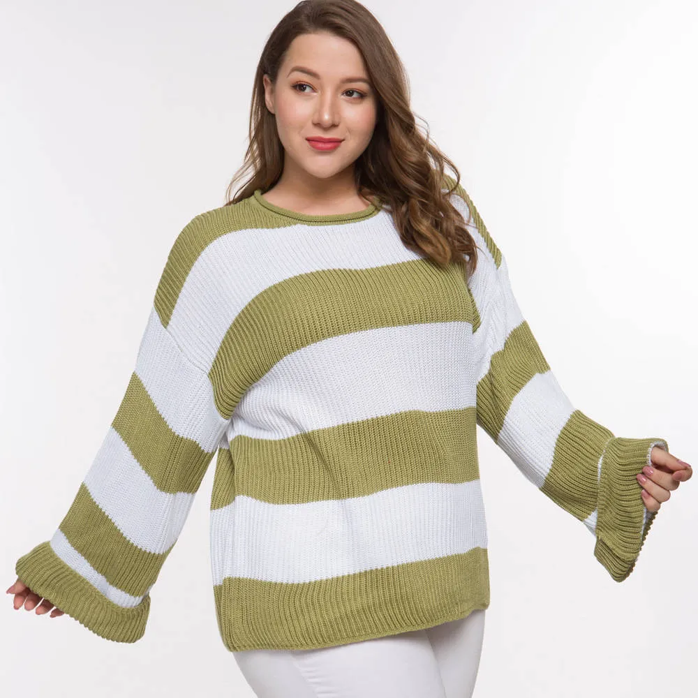 Long-sleeved Fat Woman Large Size Color Matching Autumn and Winter Sweater