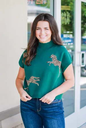 Make a Statement Cheetah Print Sweater in Hunter Green