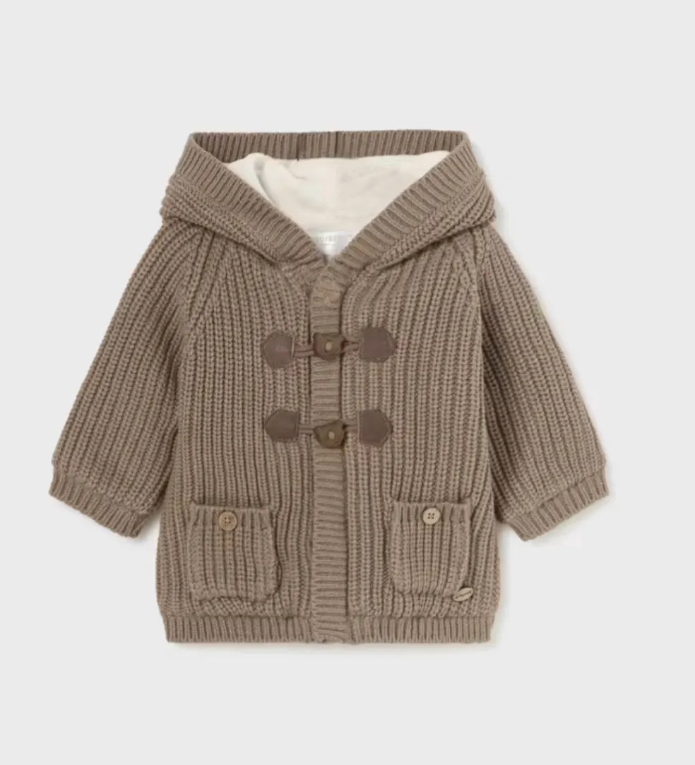 Mayoral Baby Hooded Knit Sweater Coat in Tiramisu: Size NB to 18M