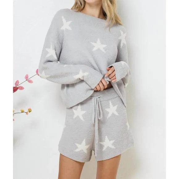 NEW BLUE B soft long sleeve star print top set short in heather grey
