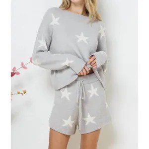 NEW BLUE B soft long sleeve star print top set short in heather grey