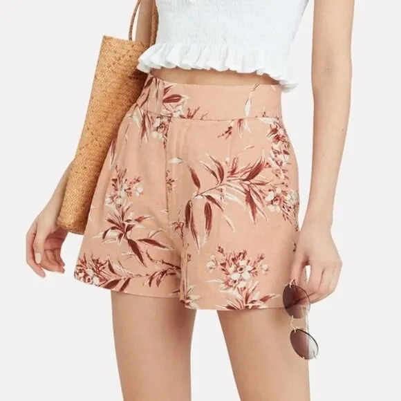 New Joie Farron Tropical Floral Motif Linen High Waist Blush Shorts NWT 12