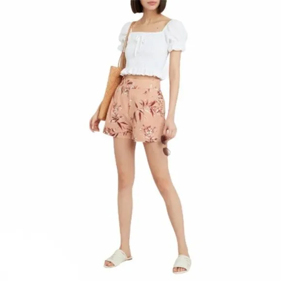 New Joie Farron Tropical Floral Motif Linen High Waist Blush Shorts NWT 12