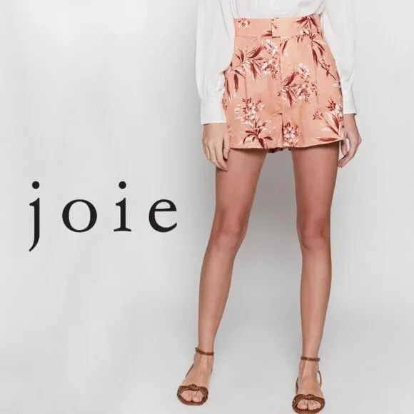 New Joie Farron Tropical Floral Motif Linen High Waist Blush Shorts NWT 12