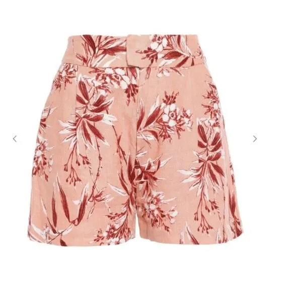 New Joie Farron Tropical Floral Motif Linen High Waist Blush Shorts NWT 12
