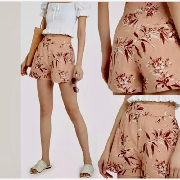 New Joie Farron Tropical Floral Motif Linen High Waist Blush Shorts NWT 12