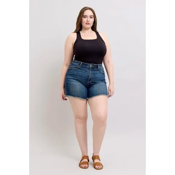 NWT Judy Blue Plus Size Tummy Control Fray Hem Shorts, Vacation, Style 150328