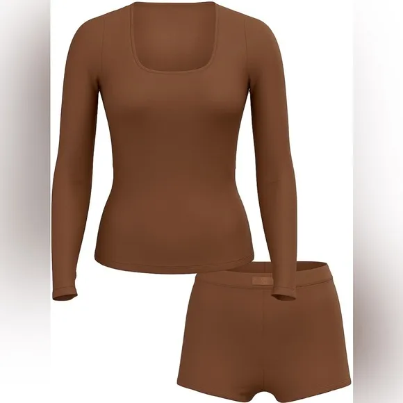 NWT Victoria’s Secret Ribbed Modal Scoop Long-SleeveShortie Set Mousse Size XS