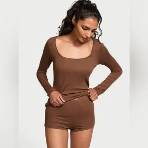 NWT Victoria’s Secret Ribbed Modal Scoop Long-SleeveShortie Set Mousse Size XS