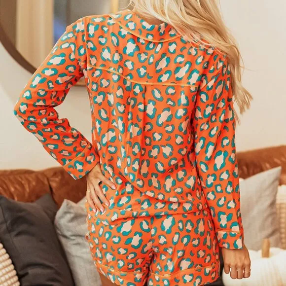 Orange Leopard Print Long Sleeve Shirt and Shorts Pajama Set