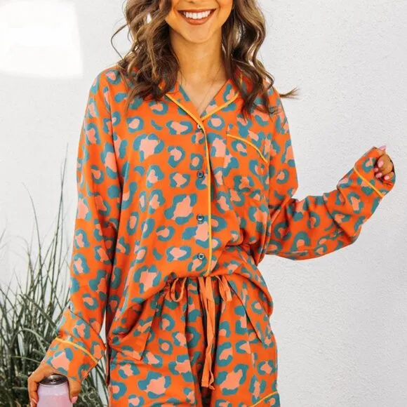 Orange Leopard Print Long Sleeve Shirt and Shorts Pajama Set