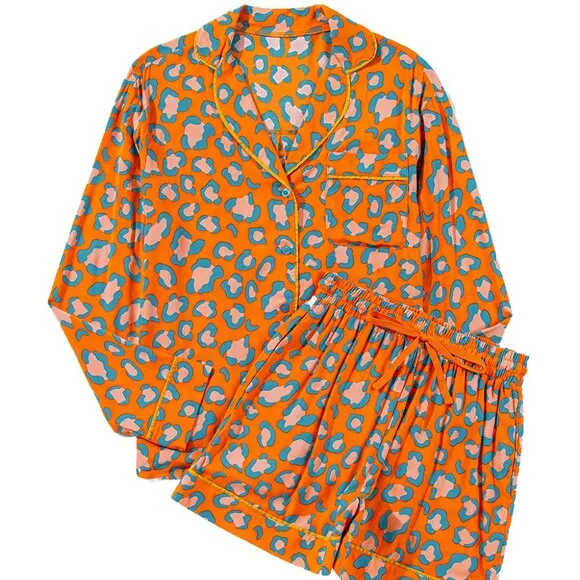 Orange Leopard Print Long Sleeve Shirt and Shorts Pajama Set