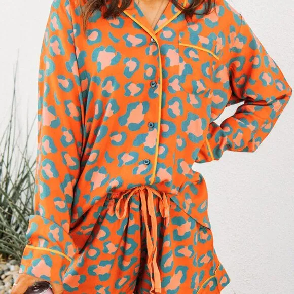 Orange Leopard Print Long Sleeve Shirt and Shorts Pajama Set